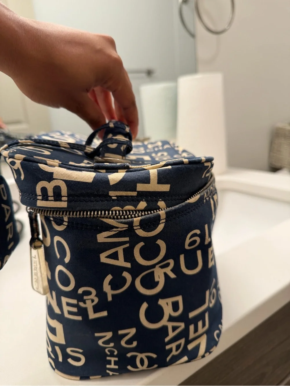 CHANEL Navy and Cream Logo Canvas Vanity Case
